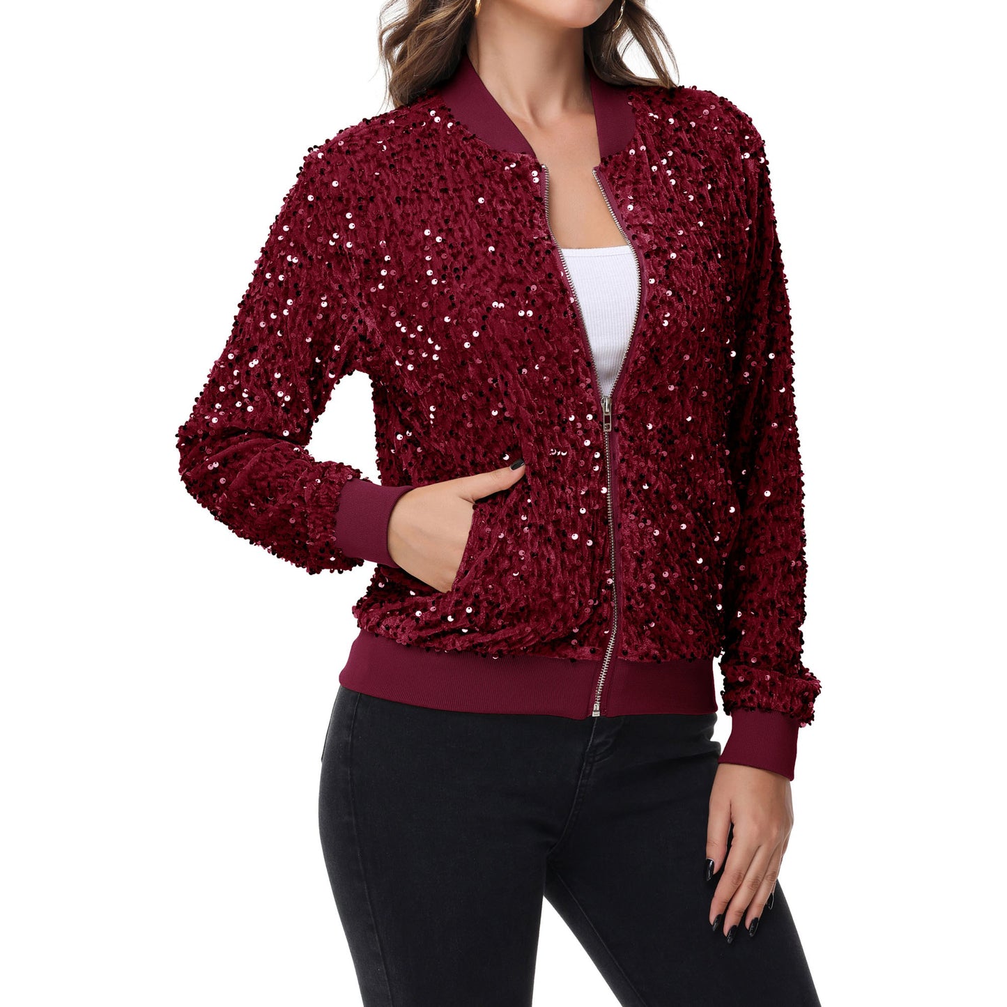 Anna-Kaci Women's Sparkly Sequin Jacket Zipper Long Sleeve Glitter Sequin Bomber Jacket with Pockets