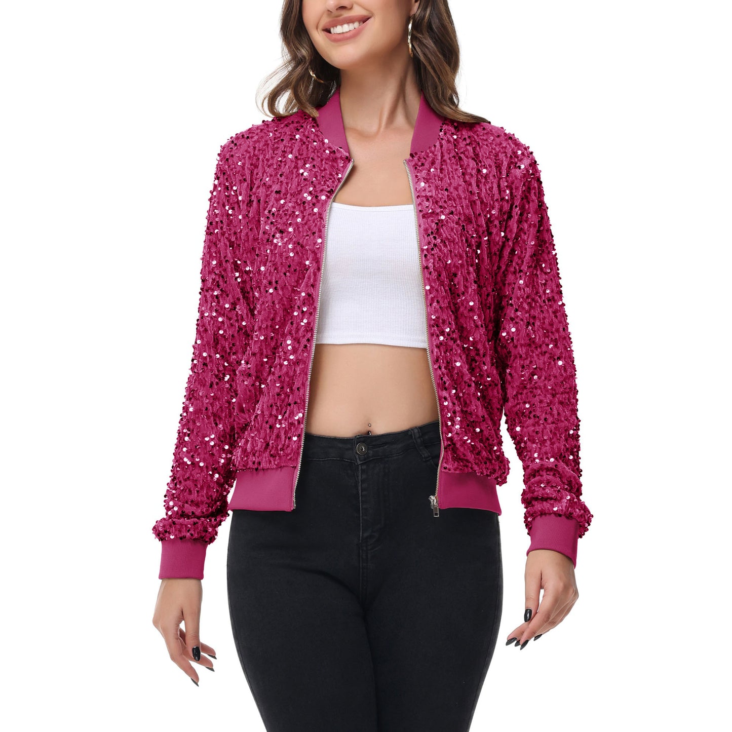 Anna-Kaci Women's Sparkly Sequin Jacket Zipper Long Sleeve Glitter Sequin Bomber Jacket with Pockets