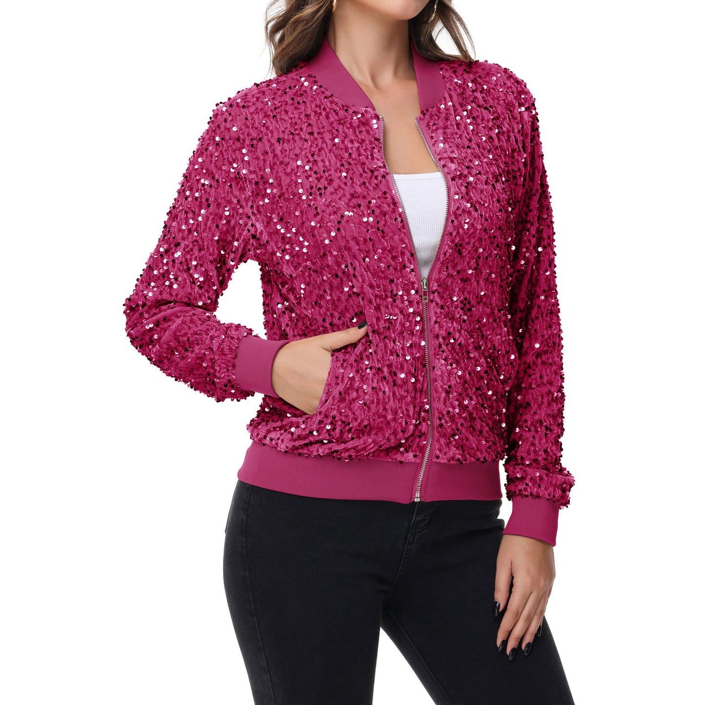 Anna-Kaci Women's Sparkly Sequin Jacket Zipper Long Sleeve Glitter Sequin Bomber Jacket with Pockets