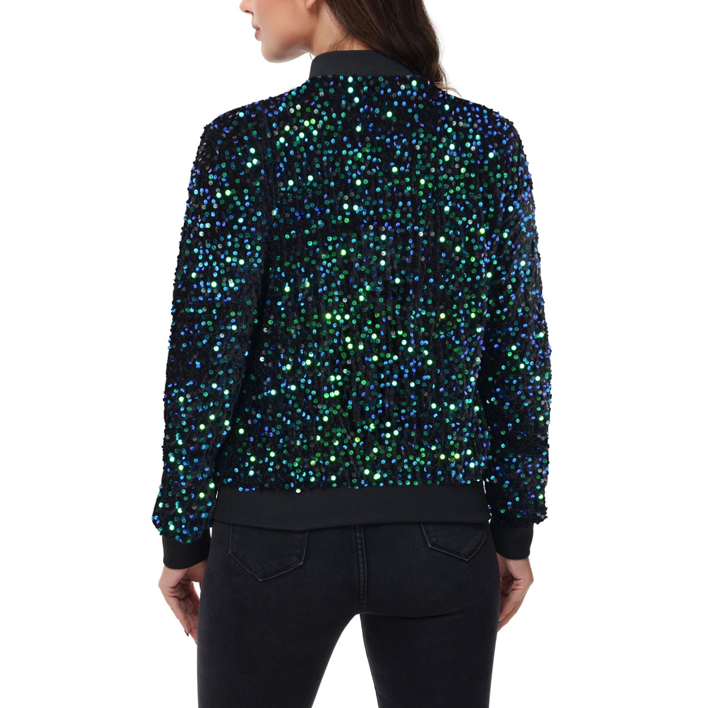 Anna-Kaci Women's Sparkly Sequin Jacket Zipper Long Sleeve Glitter Sequin Bomber Jacket with Pockets