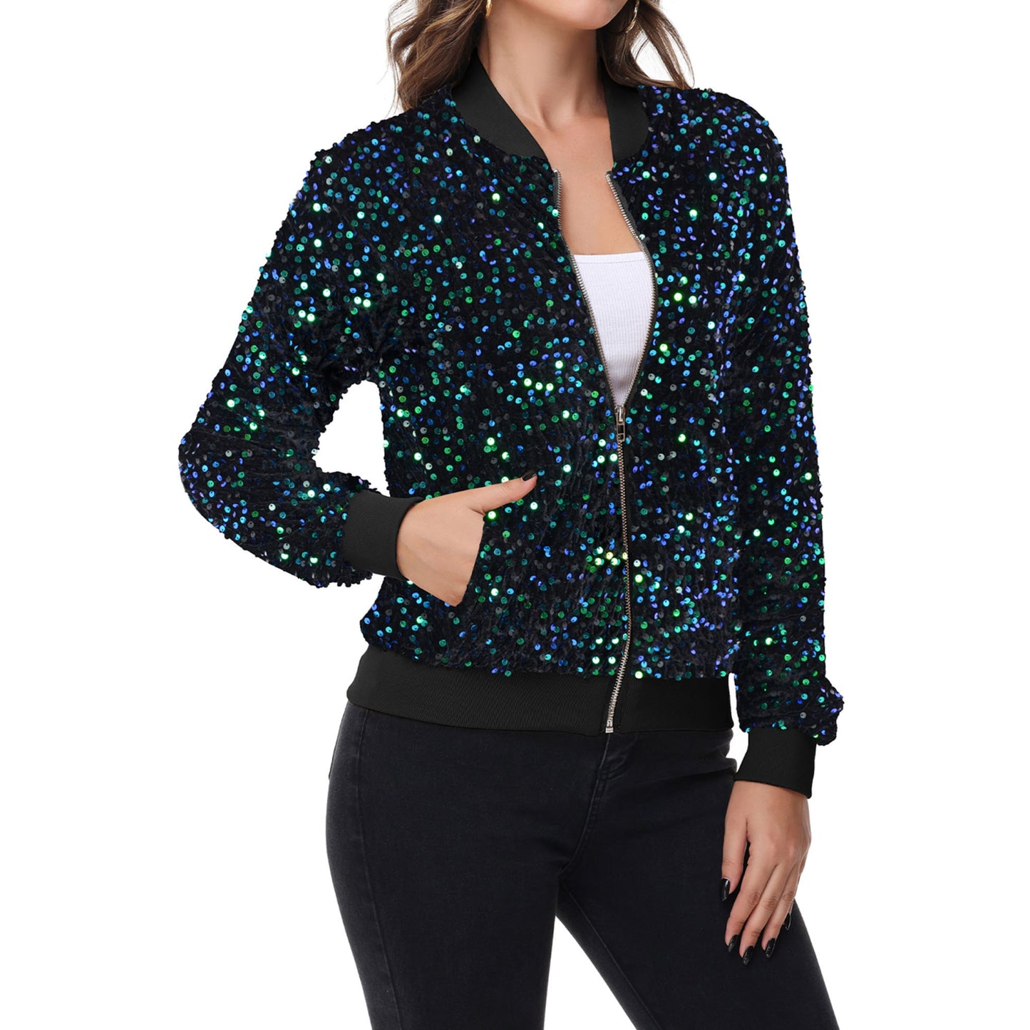 Anna-Kaci Women's Sparkly Sequin Jacket Zipper Long Sleeve Glitter Sequin Bomber Jacket with Pockets