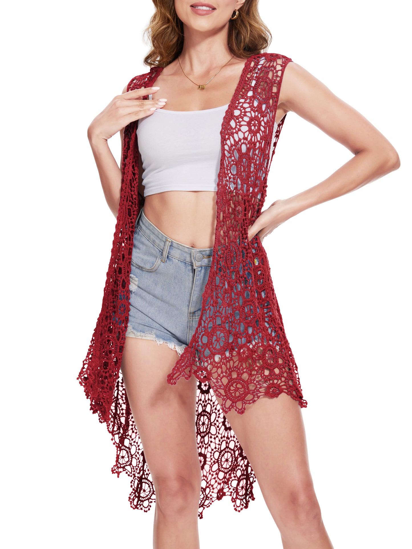 Anna-Kaci Boho Crochet Long Vest Top for Women Sleeveless Lace Cardigan Kimono Swimwear Cover Ups