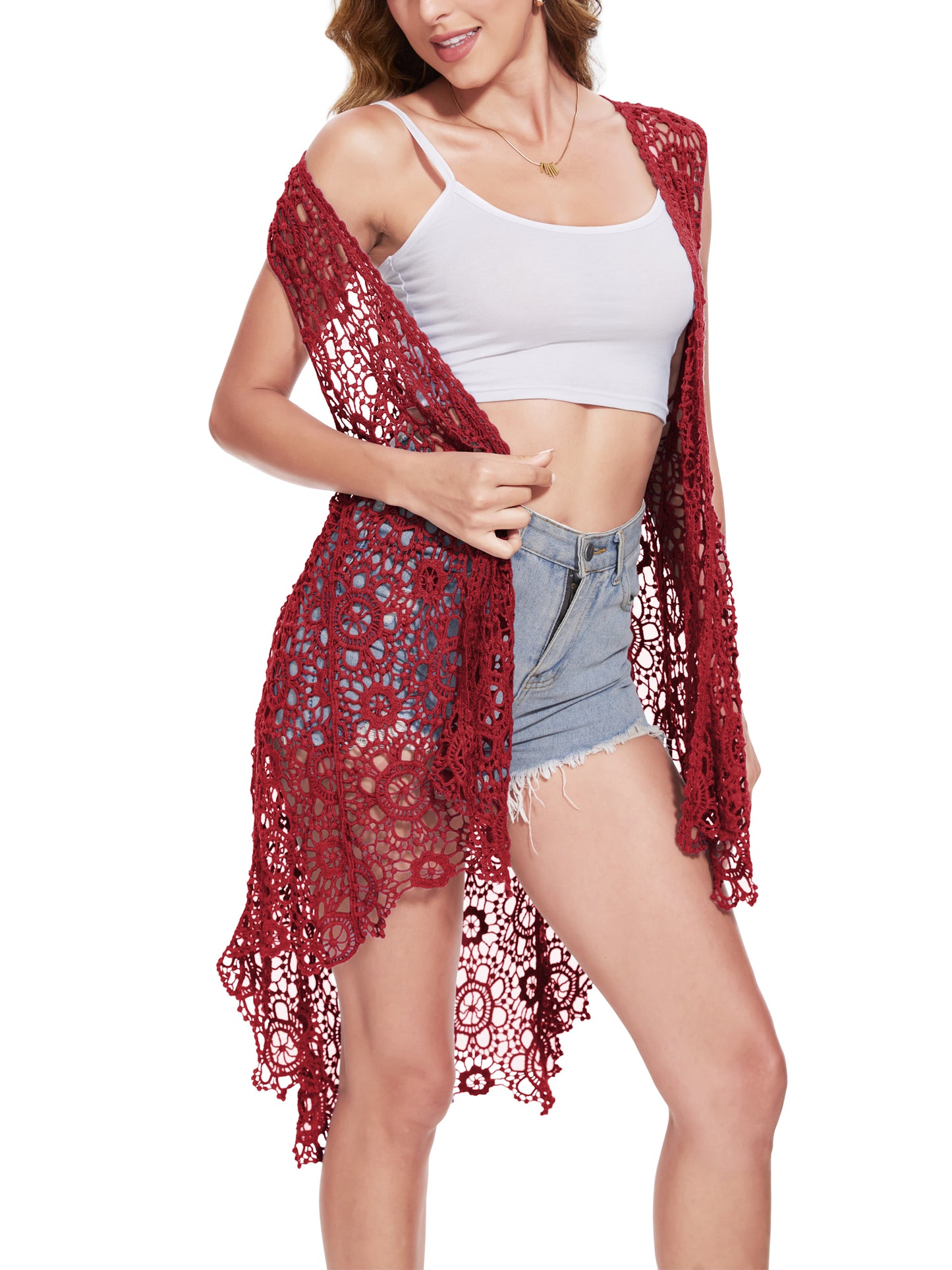 Anna-Kaci Boho Crochet Long Vest Top for Women Sleeveless Lace Cardigan Kimono Swimwear Cover Ups