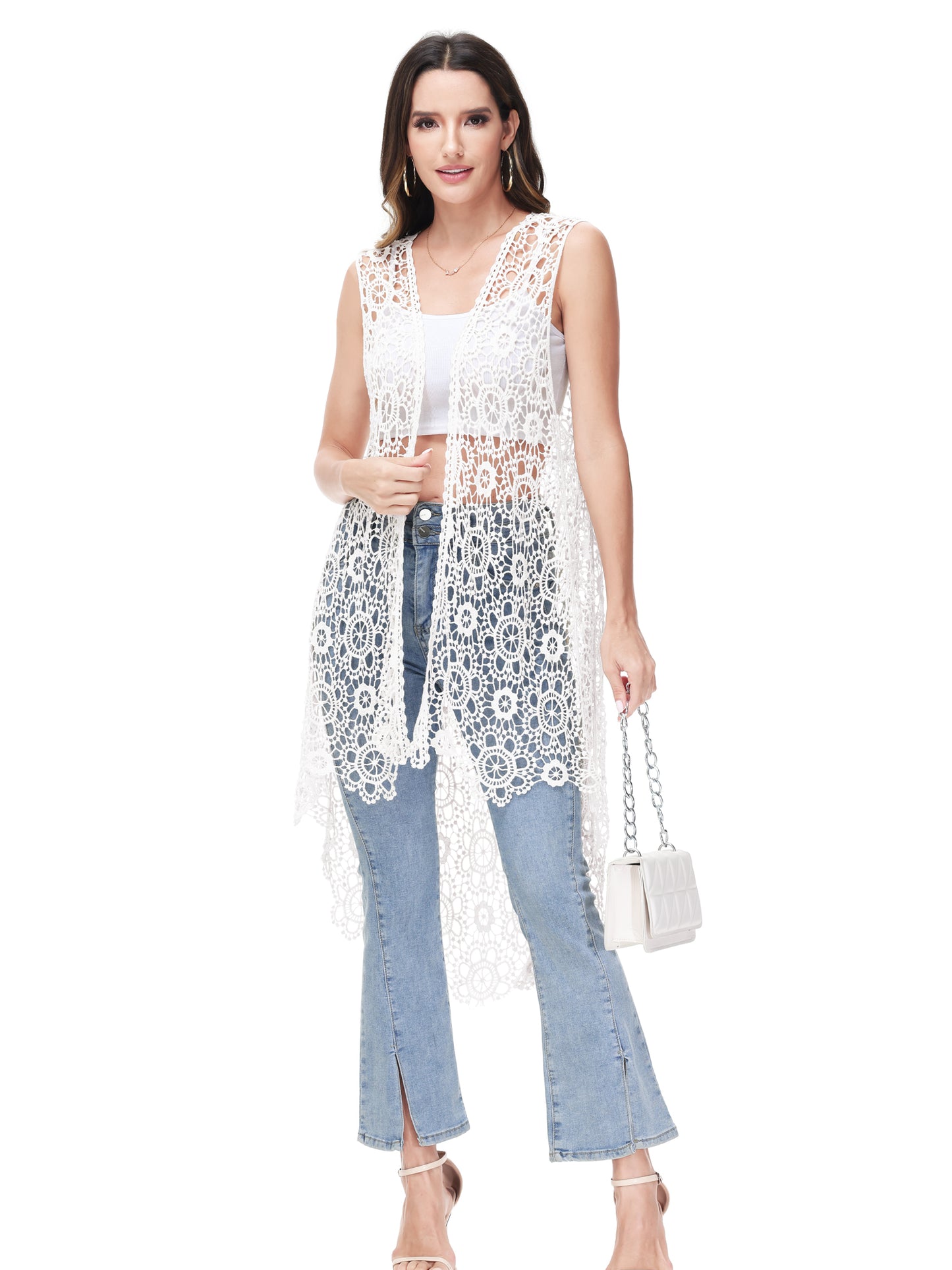 Anna-Kaci Boho Crochet Long Vest Top for Women Sleeveless Lace Cardigan Kimono Swimwear Cover Ups