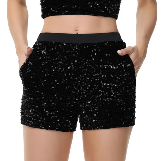 Anna-Kaci Women's Sparkly Sequin Shorts Elastic Waist Glitter Straight Leg Party Shorts with Pockets