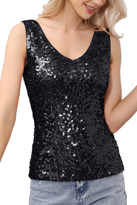 Anna-Kaci Women's Sparkly V-Neck Sequin Tank Tops Sleeveless Sexy Glitter Disco Club Party Vest