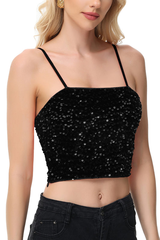 Anna-Kaci Women's Sparkly Sequin Cami Tops Crop Club Party Glitter Spaghetti Strap Tube Top