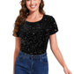 Anna-Kaci Women's Sparkly Sequin Velvet Tops Short Sleeve Crew Neck Shirt Party Club Blouse