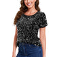 Anna-Kaci Women's Sparkly Sequin Velvet Tops Short Sleeve Crew Neck Shirt Party Club Blouse