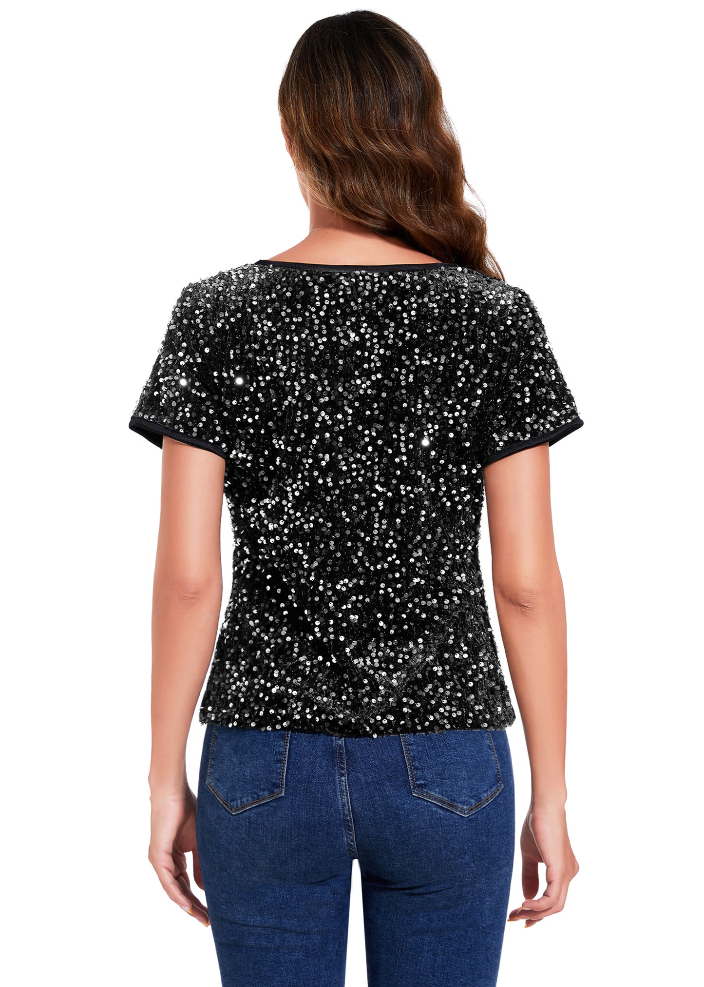 Anna-Kaci Women's Sparkly Sequin Velvet Tops Short Sleeve Crew Neck Shirt Party Club Blouse