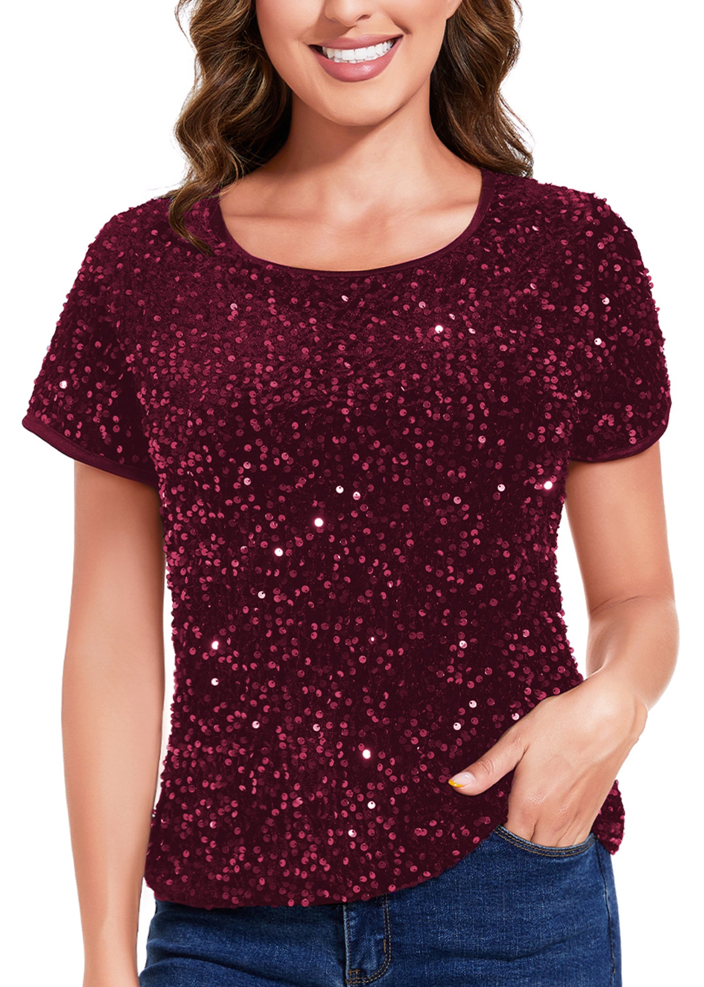 Anna-Kaci Women's Sparkly Sequin Velvet Tops Short Sleeve Crew Neck Shirt Party Club Blouse