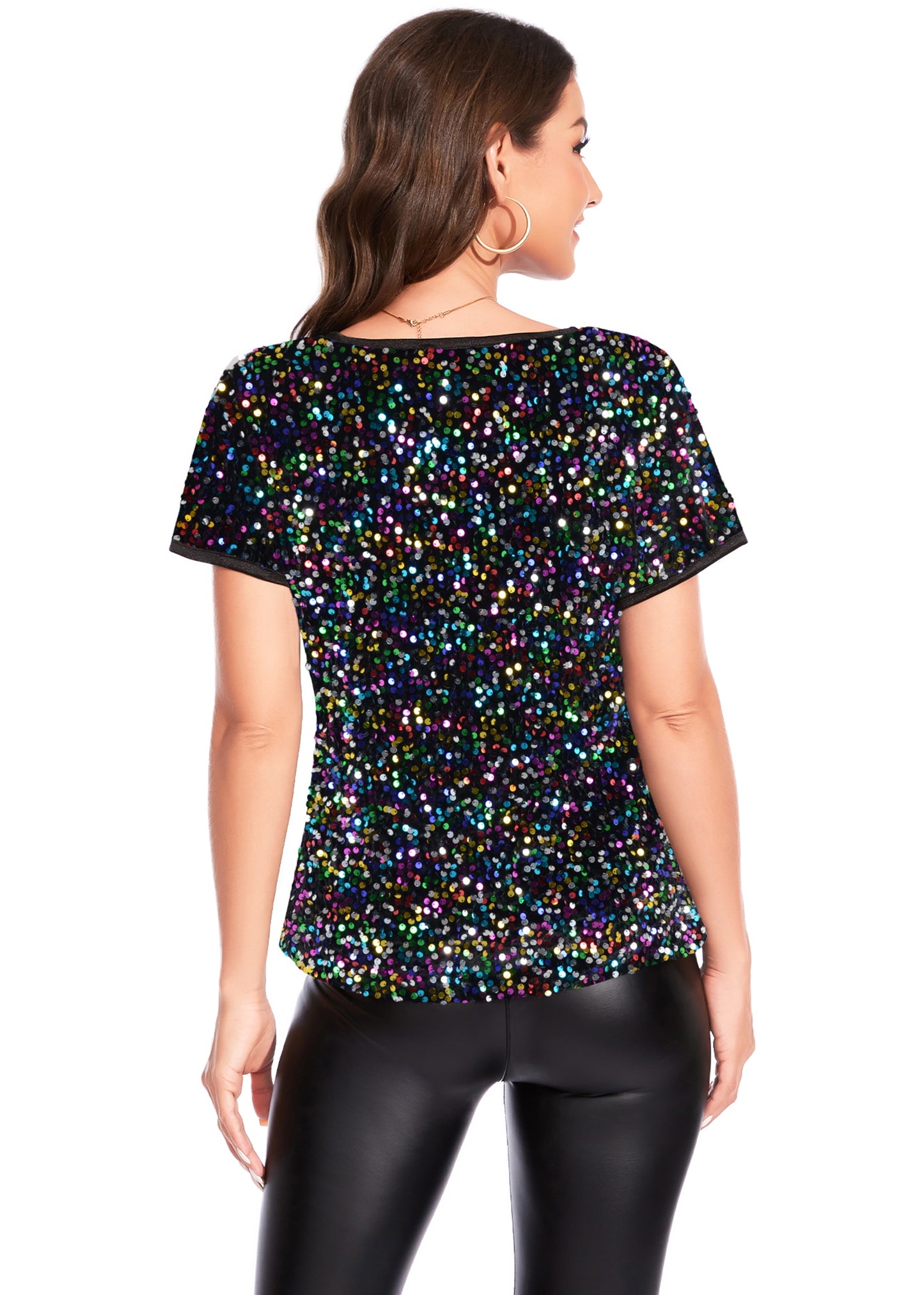 Anna-Kaci Women's Sparkly Sequin Velvet Tops Short Sleeve Crew Neck Shirt Party Club Blouse