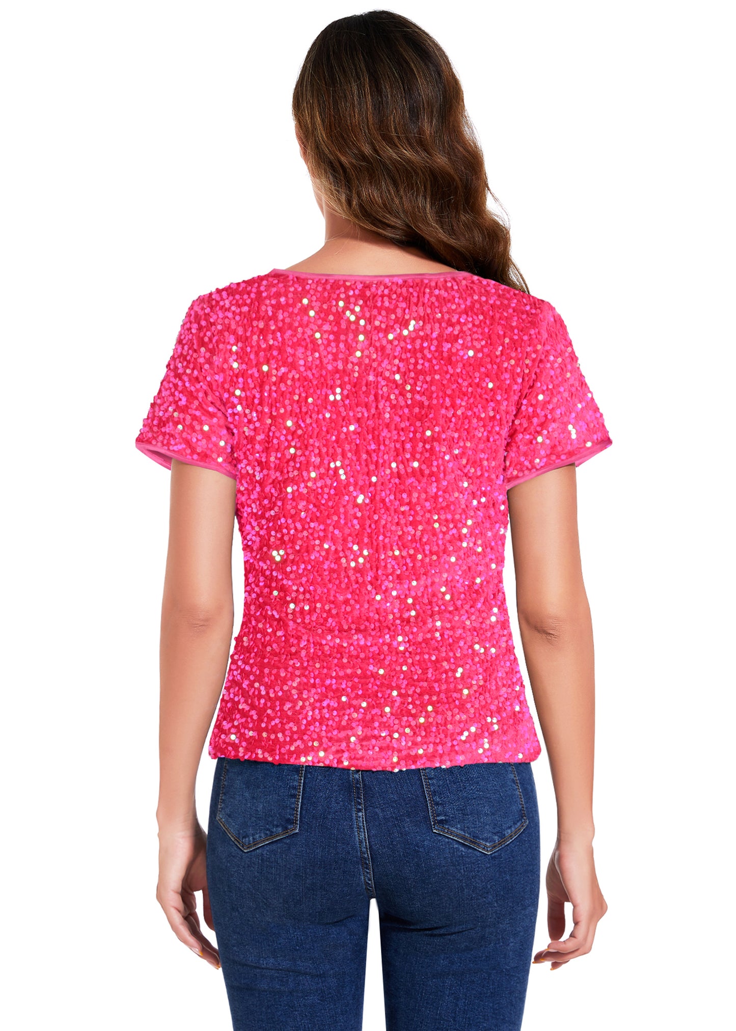 Anna-Kaci Women's Sparkly Sequin Velvet Tops Short Sleeve Crew Neck Shirt Party Club Blouse