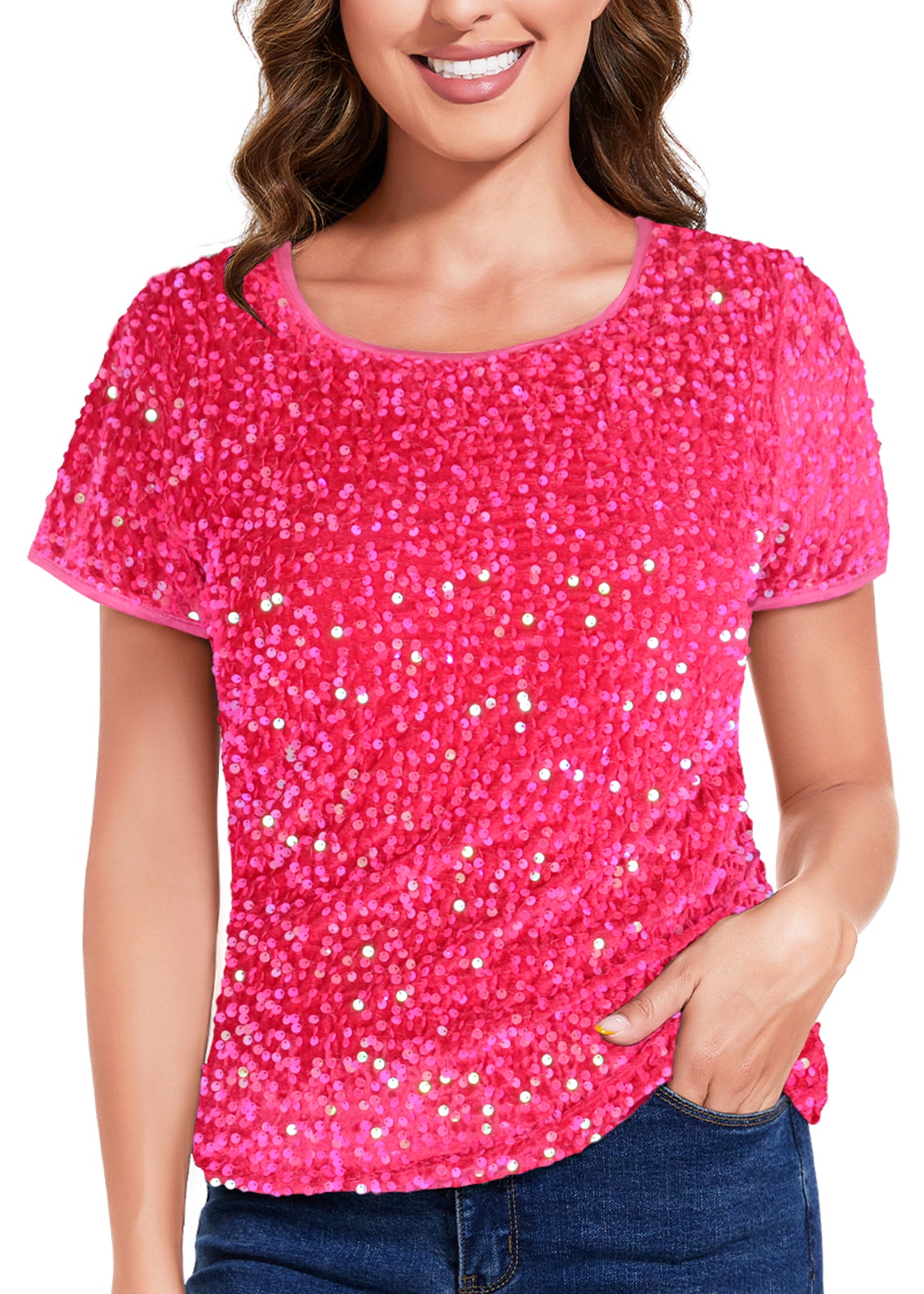 Anna-Kaci Women's Sparkly Sequin Velvet Tops Short Sleeve Crew Neck Shirt Party Club Blouse