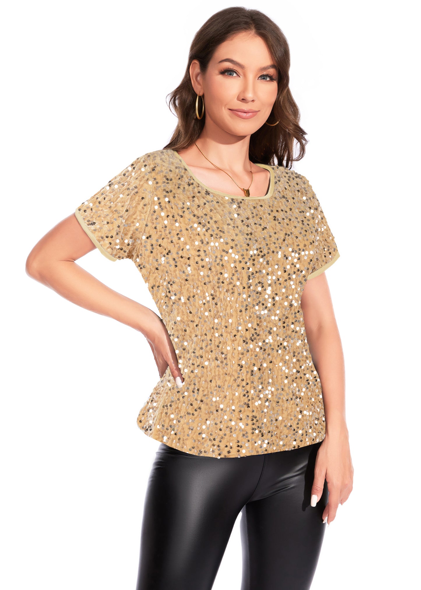 Anna-Kaci Women's Sparkly Sequin Velvet Tops Short Sleeve Crew Neck Shirt Party Club Blouse