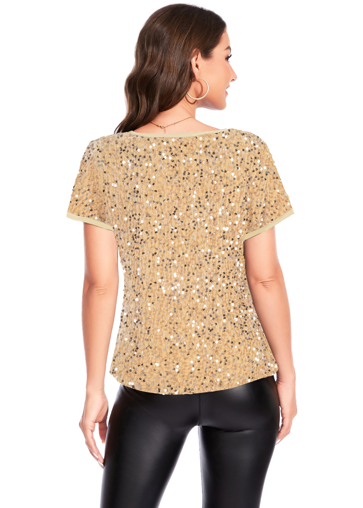 Anna-Kaci Women's Sparkly Sequin Velvet Tops Short Sleeve Crew Neck Shirt Party Club Blouse