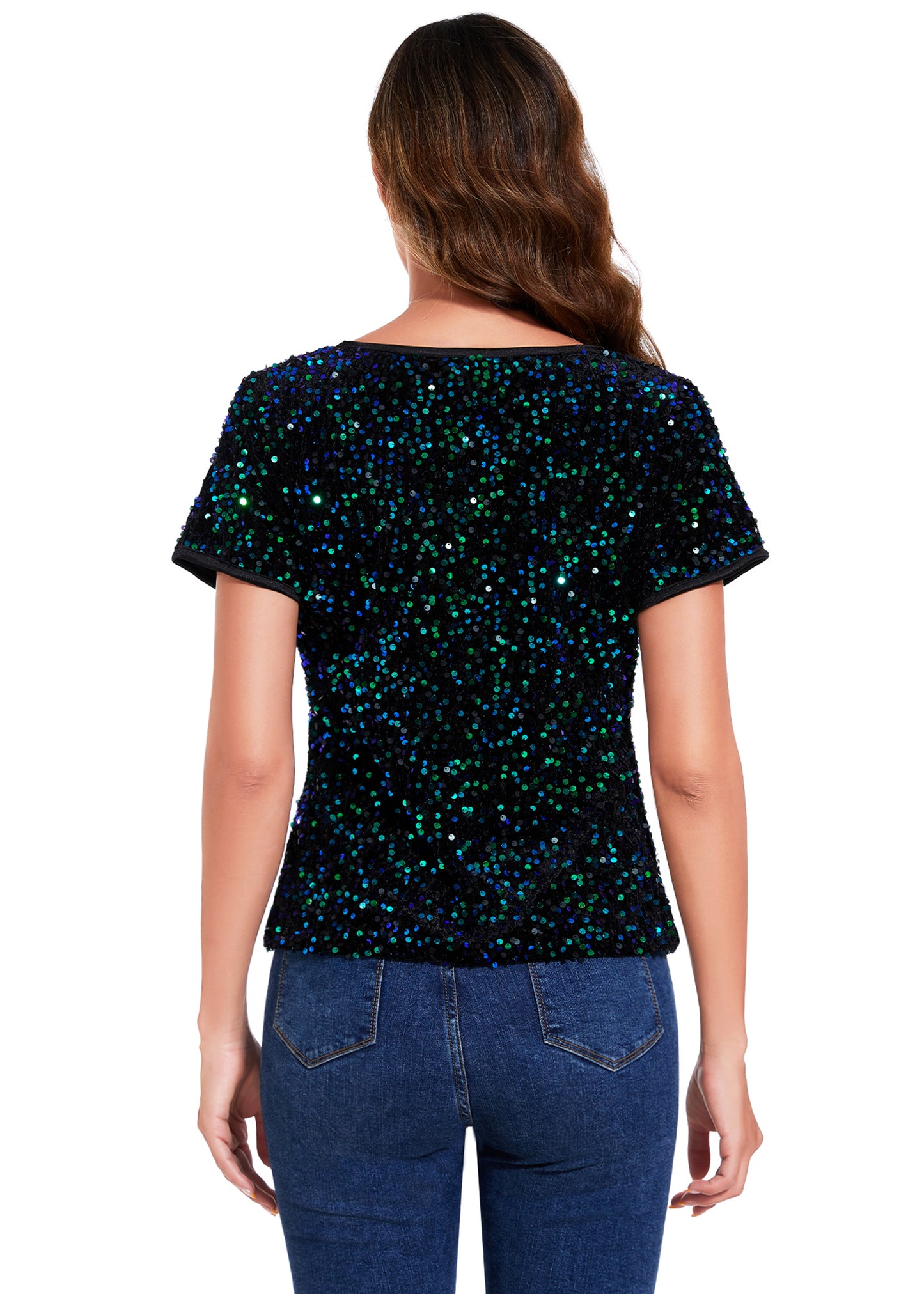 Anna-Kaci Women's Sparkly Sequin Velvet Tops Short Sleeve Crew Neck Shirt Party Club Blouse