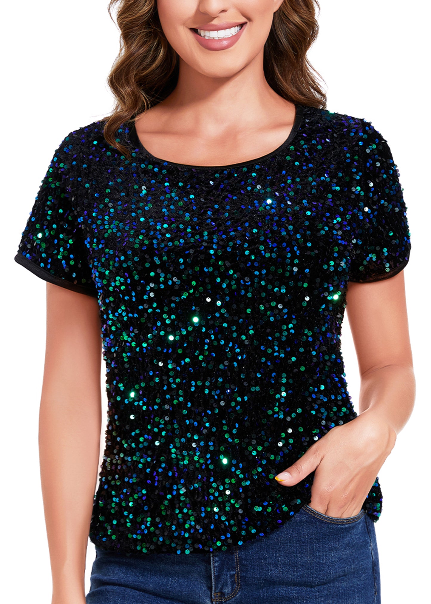 Anna-Kaci Women's Sparkly Sequin Velvet Tops Short Sleeve Crew Neck Shirt Party Club Blouse