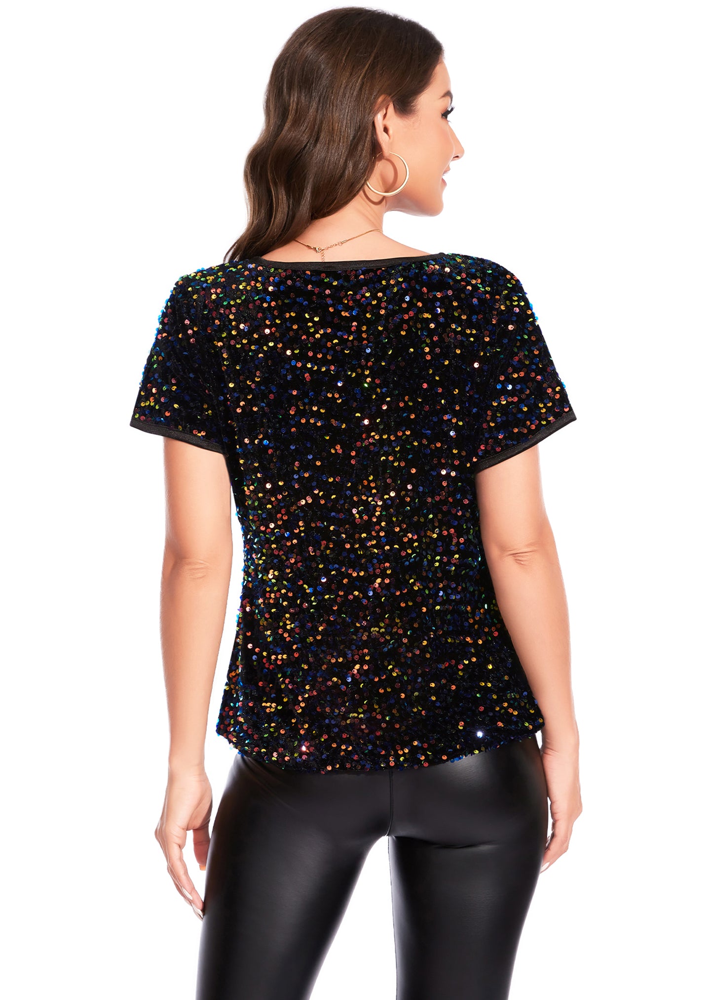 Anna-Kaci Women's Sparkly Sequin Velvet Tops Short Sleeve Crew Neck Shirt Party Club Blouse