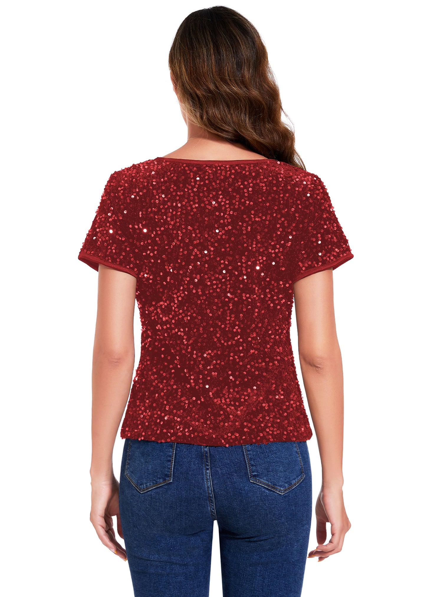 Anna-Kaci Women's Sparkly Sequin Velvet Tops Short Sleeve Crew Neck Shirt Party Club Blouse