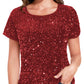 Anna-Kaci Women's Sparkly Sequin Velvet Tops Short Sleeve Crew Neck Shirt Party Club Blouse