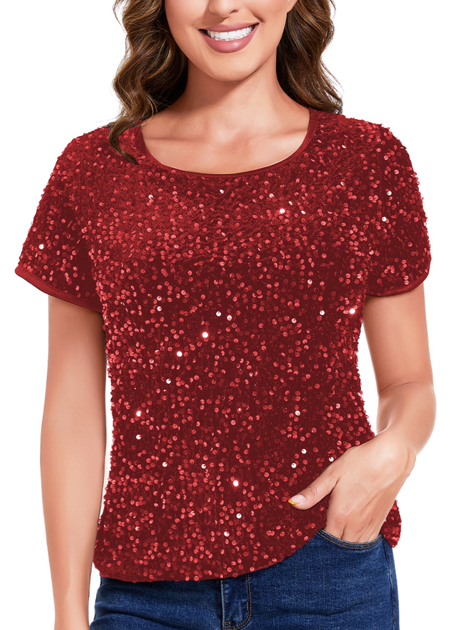 Anna-Kaci Women's Sparkly Sequin Velvet Tops Short Sleeve Crew Neck Shirt Party Club Blouse