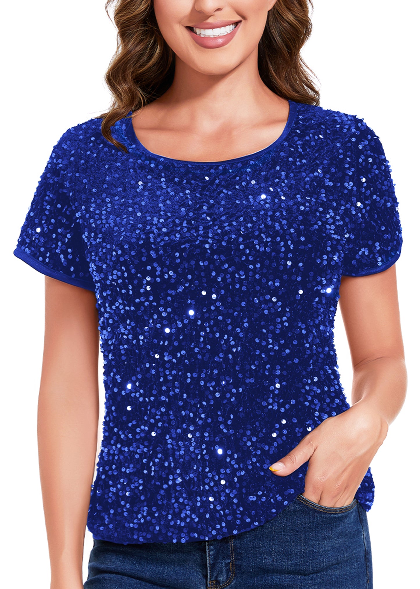 Anna-Kaci Women's Sparkly Sequin Velvet Tops Short Sleeve Crew Neck Shirt Party Club Blouse