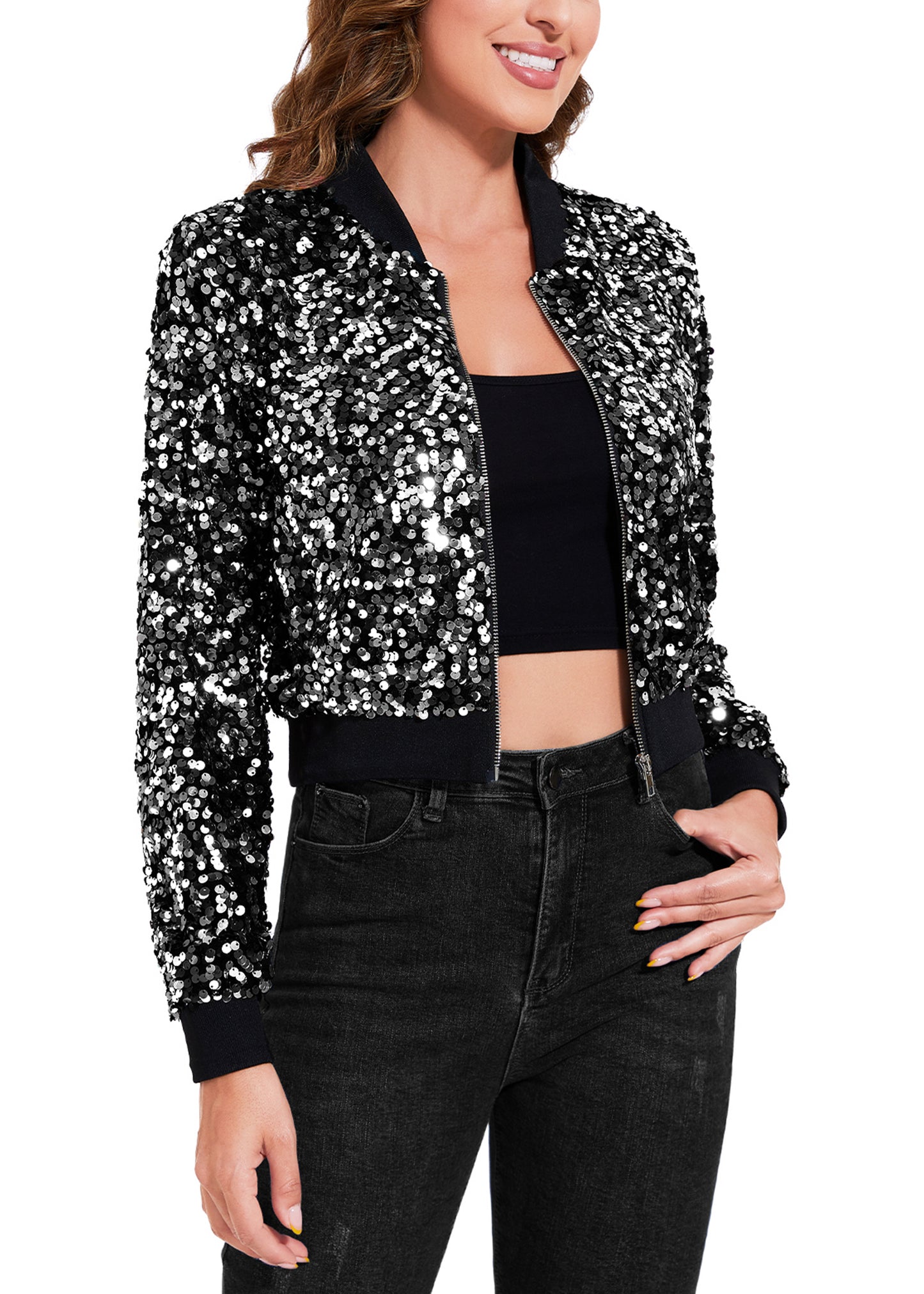 Anna-Kaci Women's Sparkly Sequin Cropped Jacket Long Sleeve Zipper Up Party Club Bomber Jacket