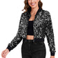 Anna-Kaci Women's Sparkly Sequin Cropped Jacket Long Sleeve Zipper Up Party Club Bomber Jacket