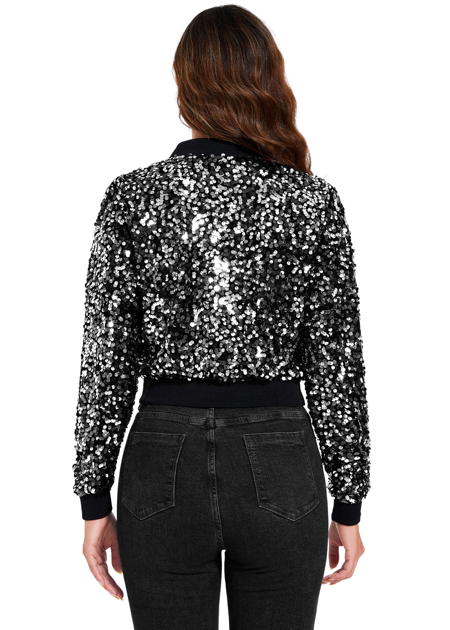 Anna-Kaci Women's Sparkly Sequin Cropped Jacket Long Sleeve Zipper Up Party Club Bomber Jacket