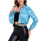 Anna-Kaci Women's Sparkly Sequin Cropped Jacket Long Sleeve Zipper Up Party Club Bomber Jacket