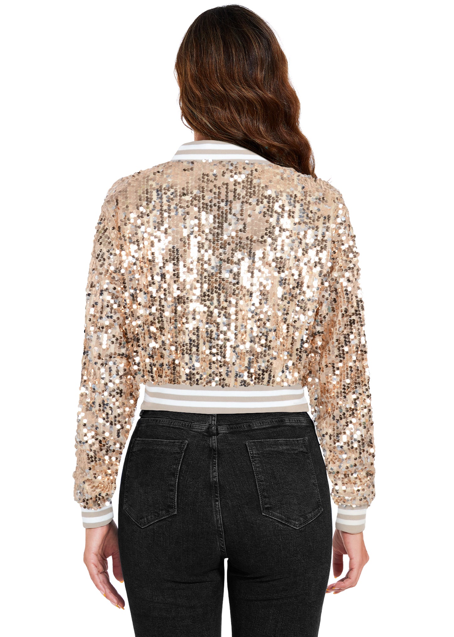 Anna-Kaci Women's Sparkly Sequin Cropped Jacket Long Sleeve Zipper Up Party Club Bomber Jacket