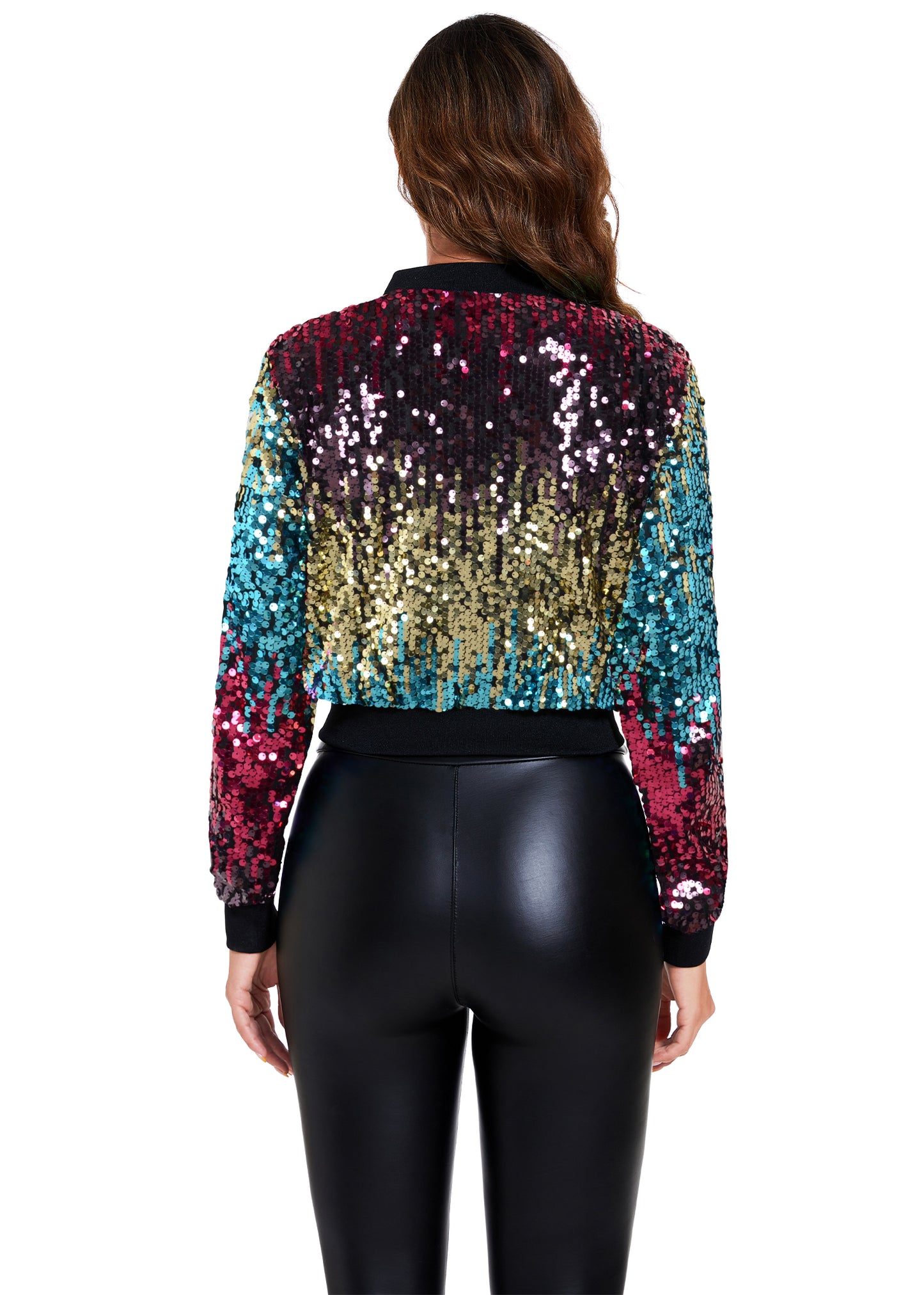 Anna-Kaci Women's Sparkly Sequin Cropped Jacket Long Sleeve Zipper Up Party Club Bomber Jacket