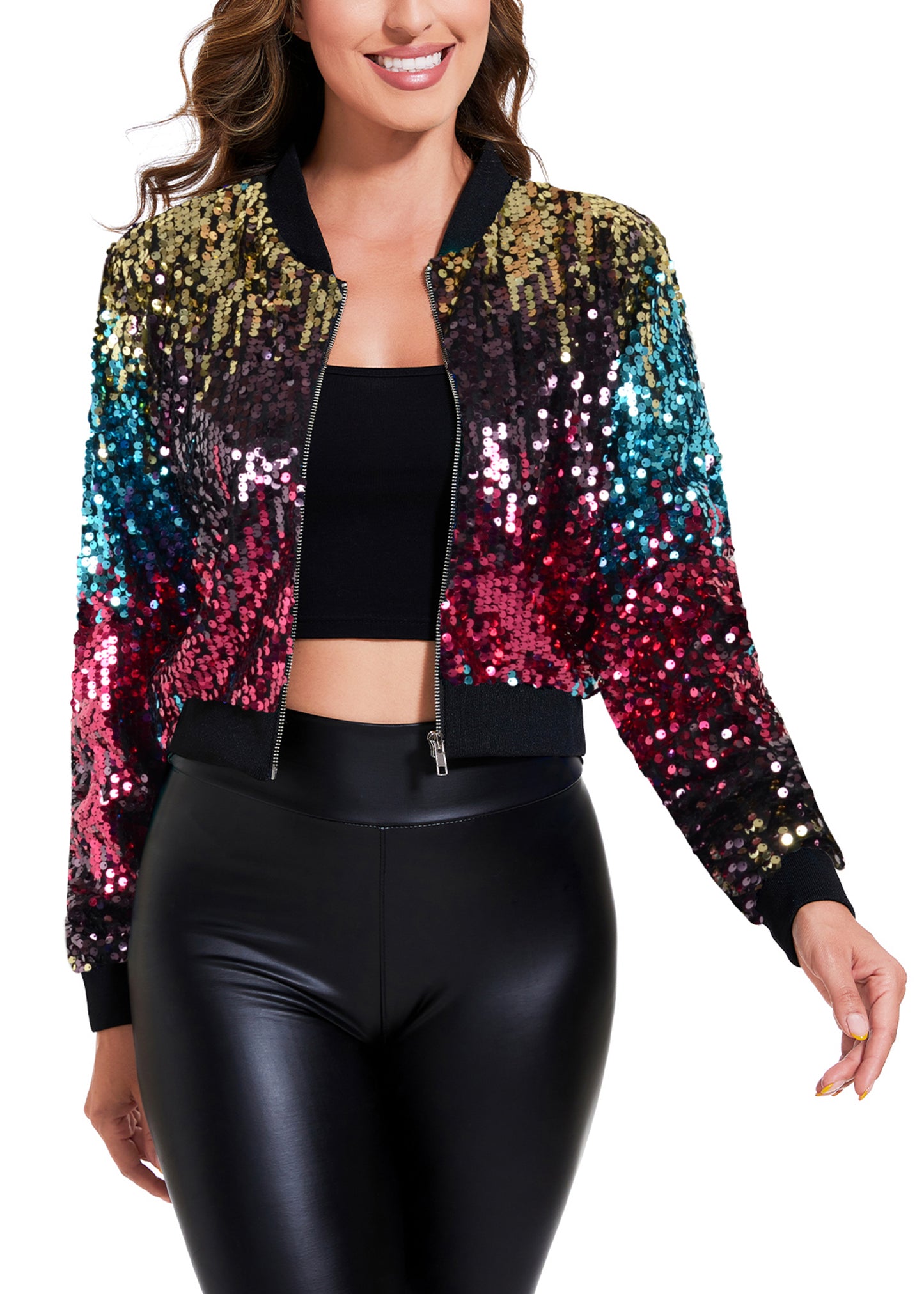 Anna-Kaci Women's Sparkly Sequin Cropped Jacket Long Sleeve Zipper Up Party Club Bomber Jacket