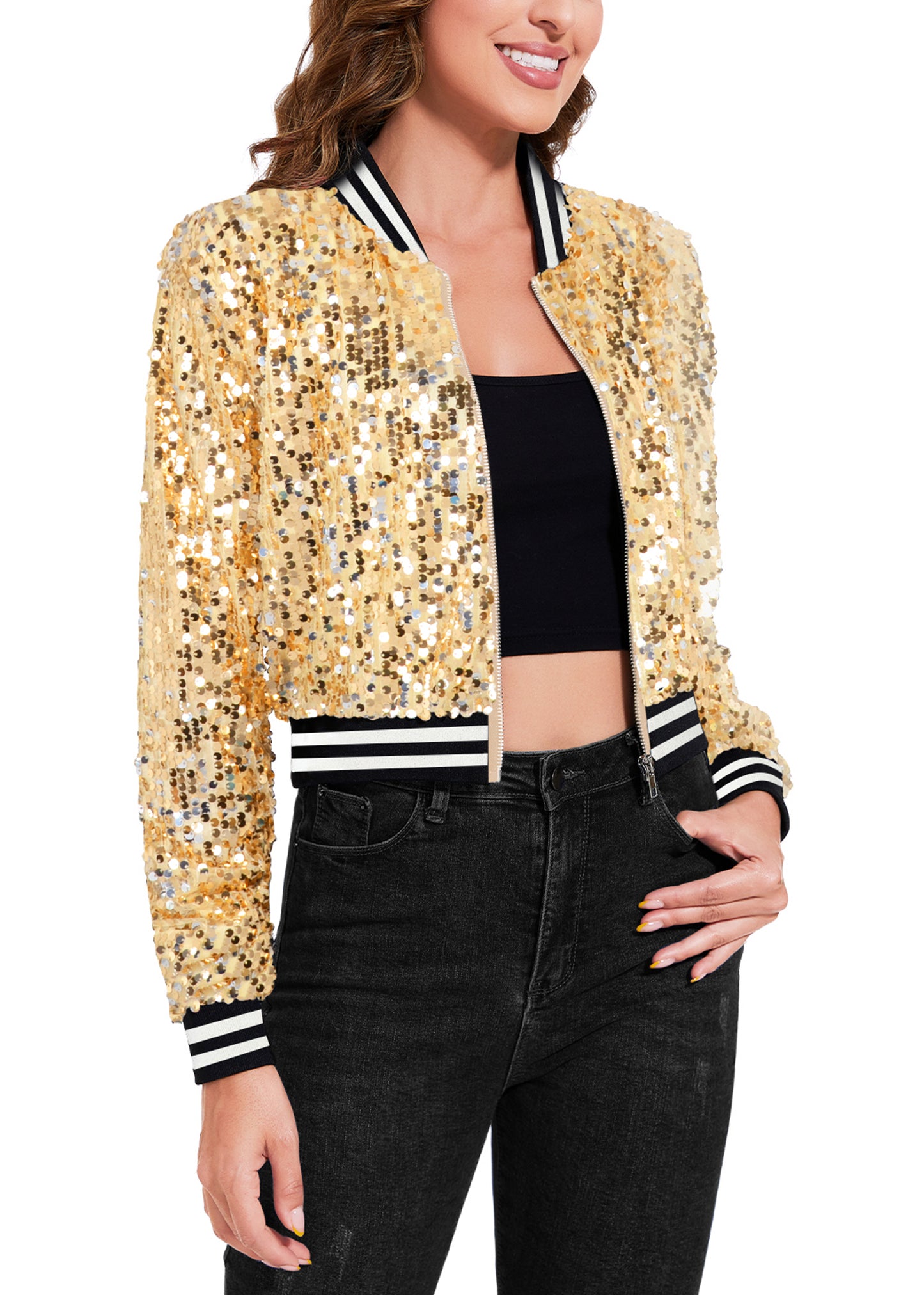 Anna-Kaci Women's Sparkly Sequin Cropped Jacket Long Sleeve Zipper Up Party Club Bomber Jacket