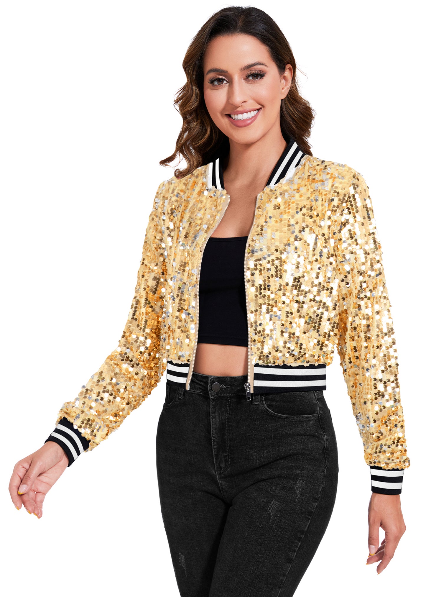 Anna-Kaci Women's Sparkly Sequin Cropped Jacket Long Sleeve Zipper Up Party Club Bomber Jacket