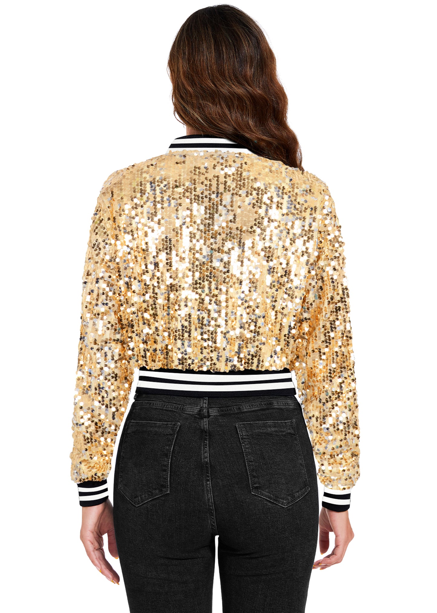 Anna-Kaci Women's Sparkly Sequin Cropped Jacket Long Sleeve Zipper Up Party Club Bomber Jacket