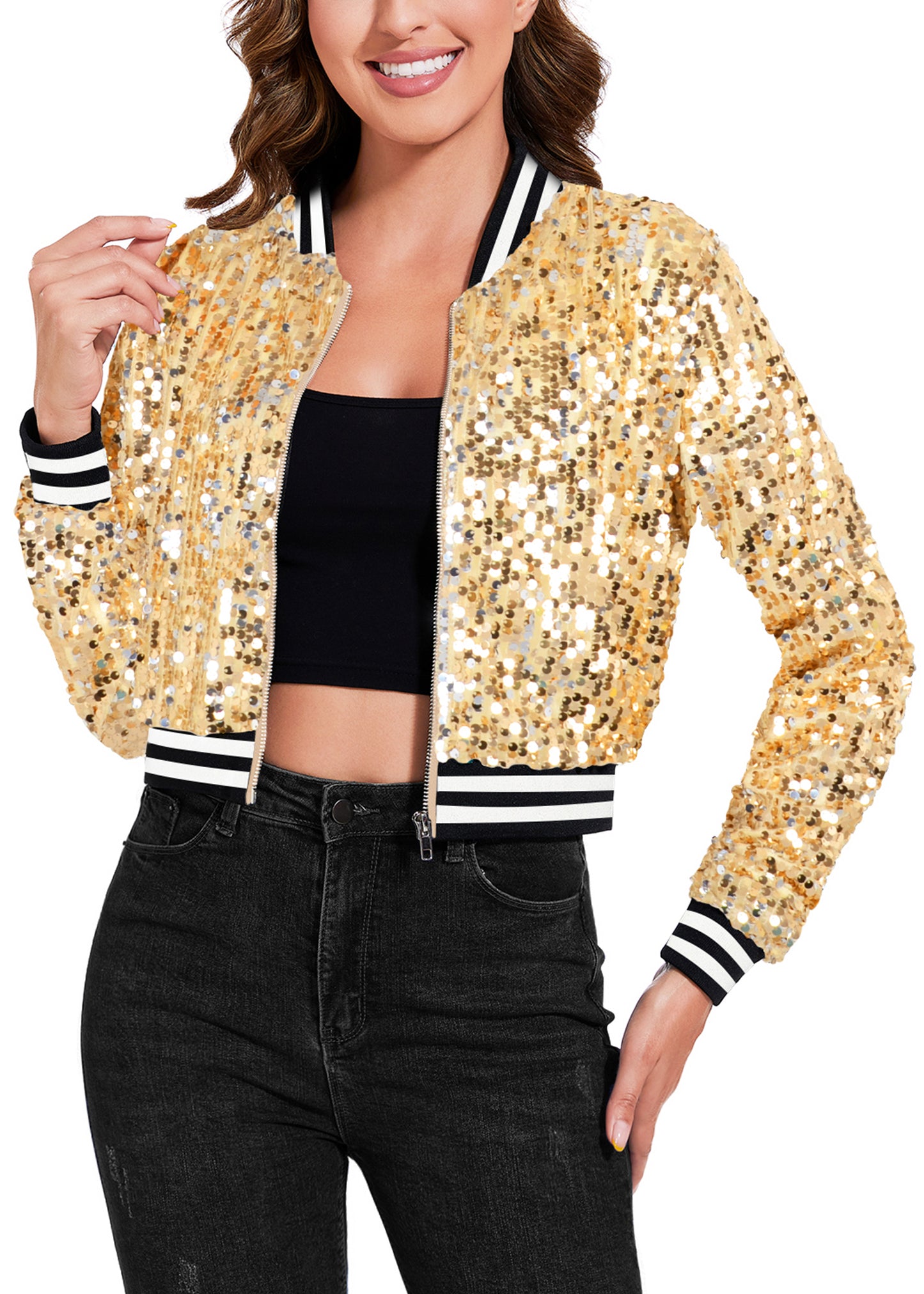 Anna-Kaci Women's Sparkly Sequin Cropped Jacket Long Sleeve Zipper Up Party Club Bomber Jacket