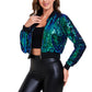 Anna-Kaci Women's Sparkly Sequin Cropped Jacket Long Sleeve Zipper Up Party Club Bomber Jacket