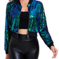 Anna-Kaci Women's Sparkly Sequin Cropped Jacket Long Sleeve Zipper Up Party Club Bomber Jacket