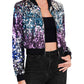 Anna-Kaci Women's Sparkly Sequin Cropped Jacket Long Sleeve Zipper Up Party Club Bomber Jacket