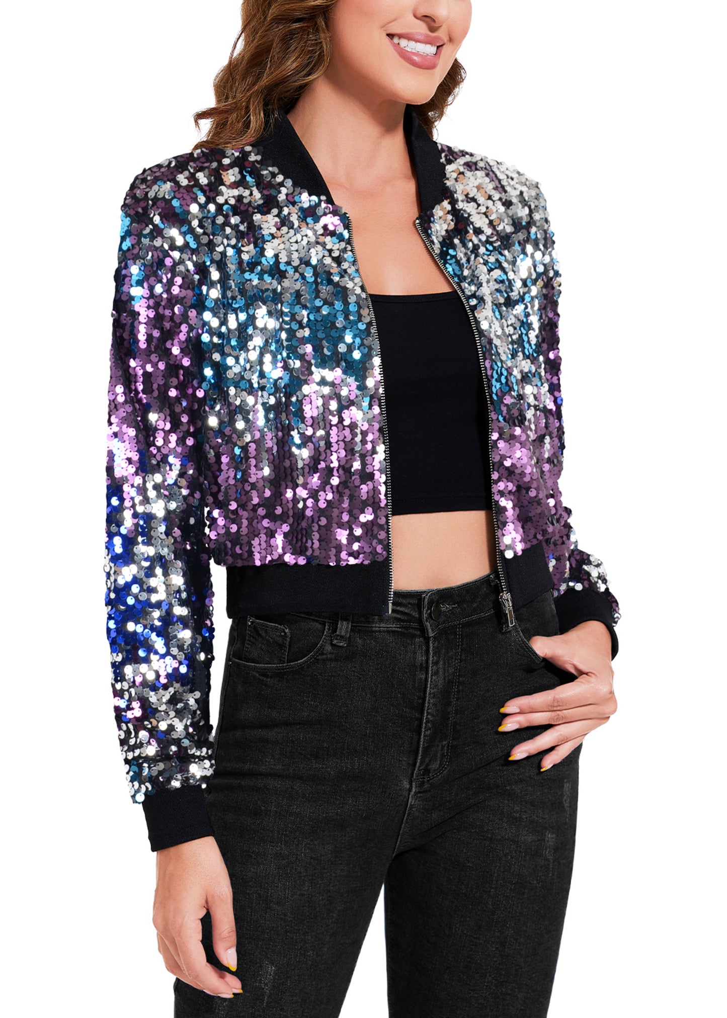 Anna-Kaci Women's Sparkly Sequin Cropped Jacket Long Sleeve Zipper Up Party Club Bomber Jacket