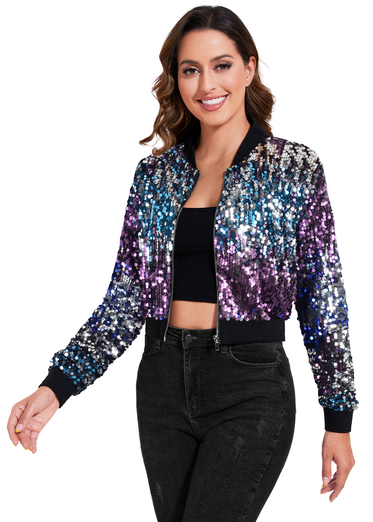 Anna-Kaci Women's Sparkly Sequin Cropped Jacket Long Sleeve Zipper Up Party Club Bomber Jacket