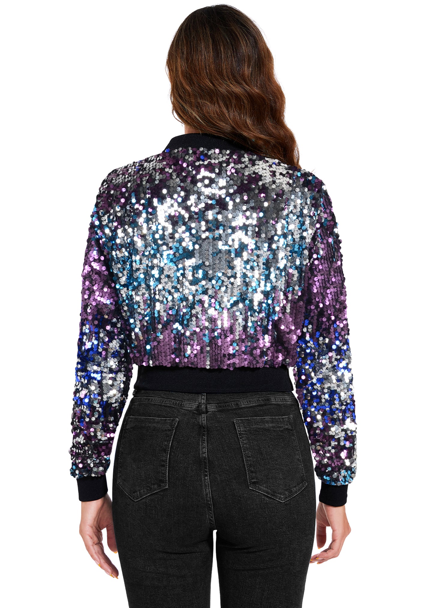 Anna-Kaci Women's Sparkly Sequin Cropped Jacket Long Sleeve Zipper Up Party Club Bomber Jacket