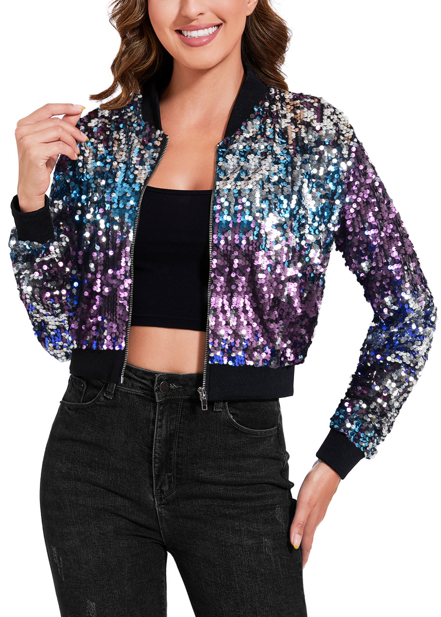 Anna-Kaci Women's Sparkly Sequin Cropped Jacket Long Sleeve Zipper Up Party Club Bomber Jacket