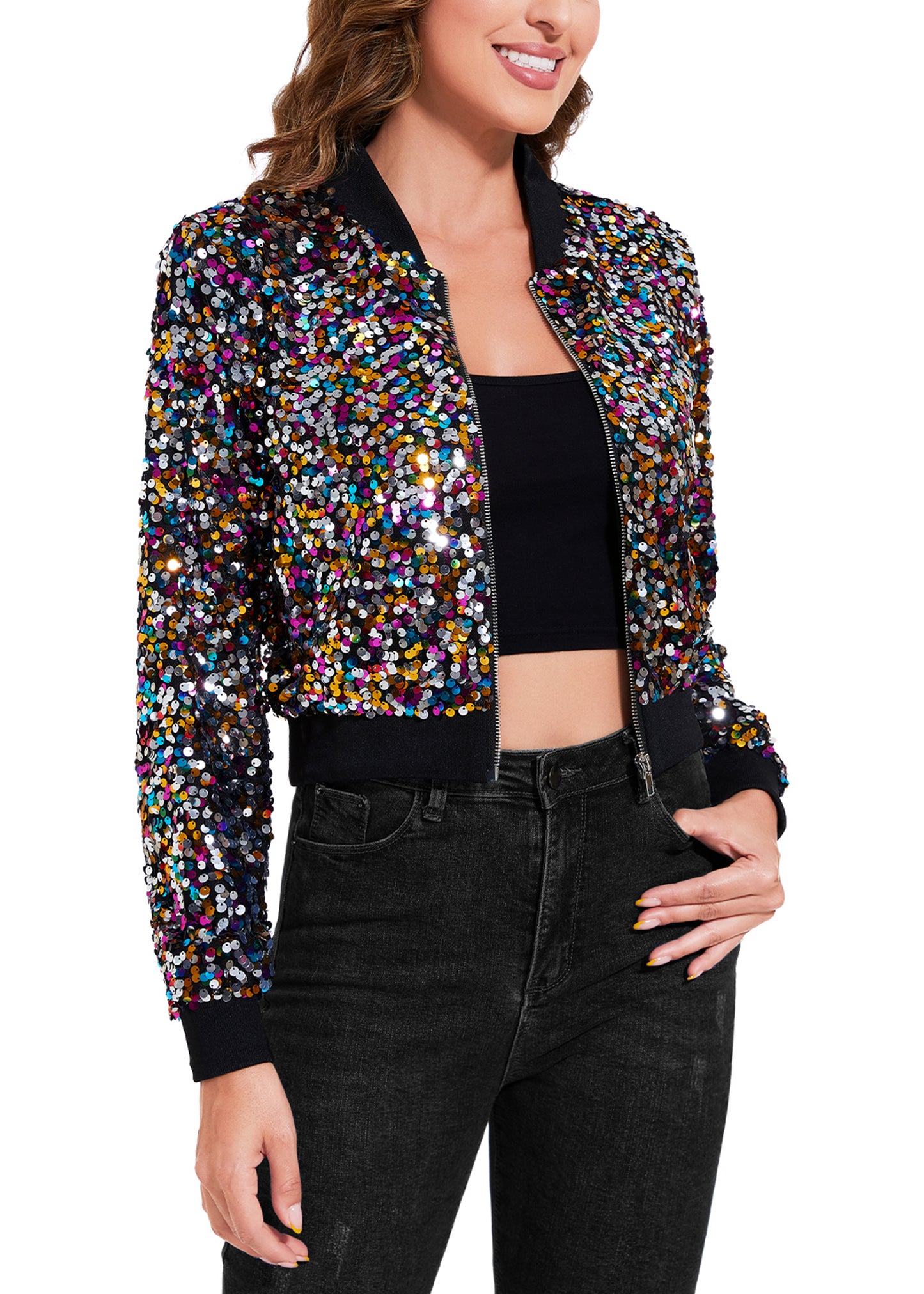 Anna-Kaci Women's Sparkly Sequin Cropped Jacket Long Sleeve Zipper Up Party Club Bomber Jacket