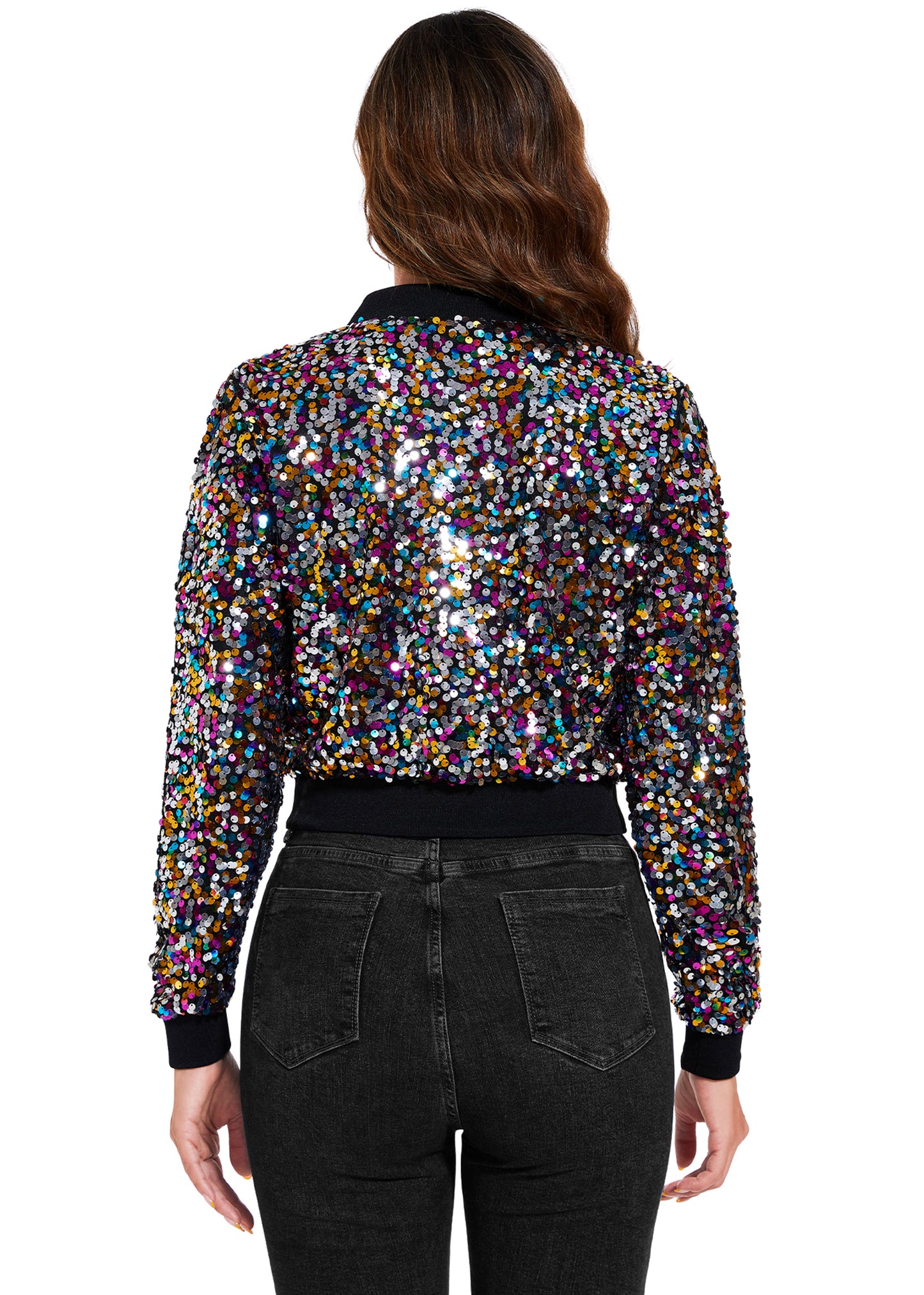 Anna-Kaci Women's Sparkly Sequin Cropped Jacket Long Sleeve Zipper Up Party Club Bomber Jacket