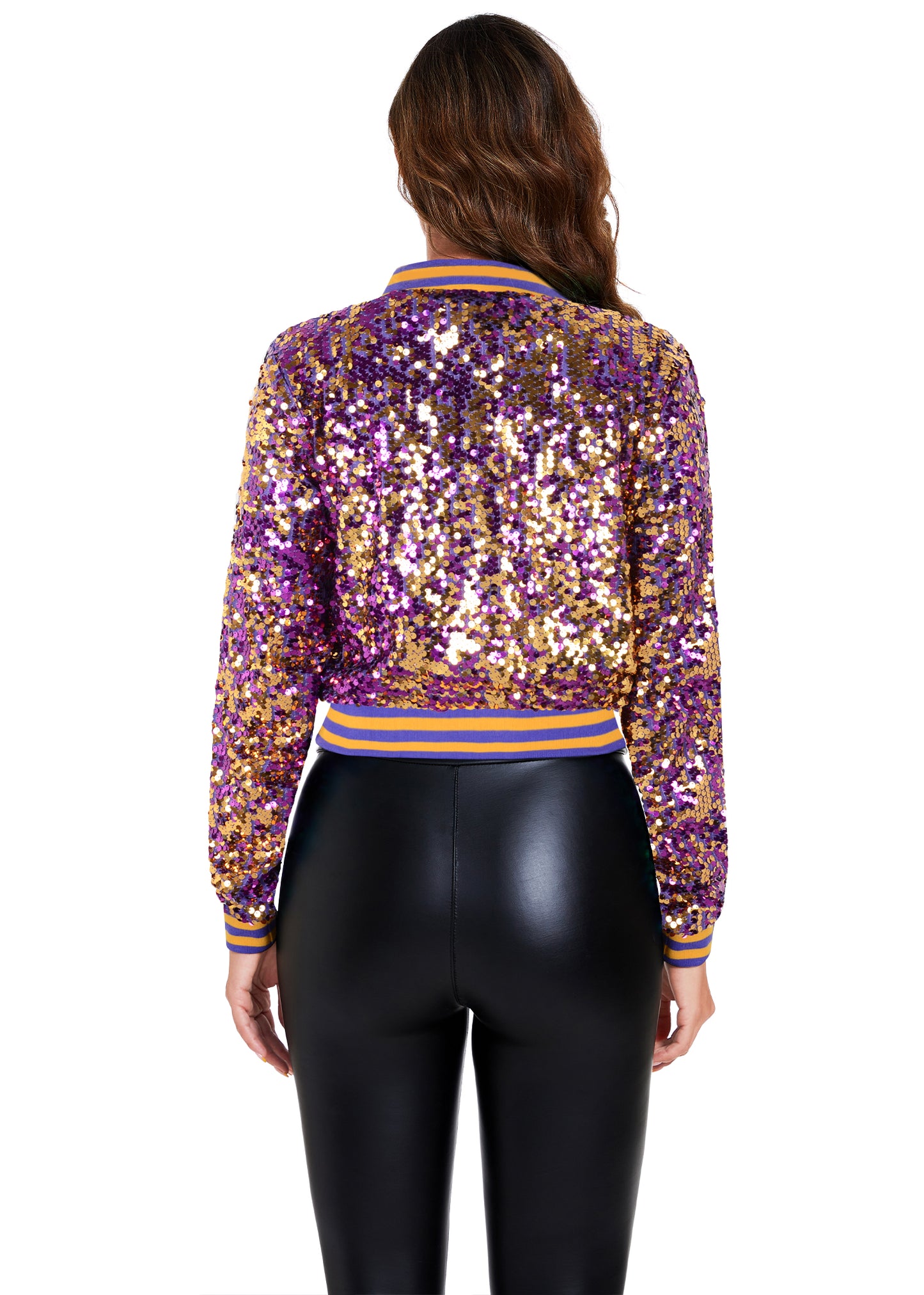 Anna-Kaci Women's Sparkly Sequin Cropped Jacket Long Sleeve Zipper Up Party Club Bomber Jacket