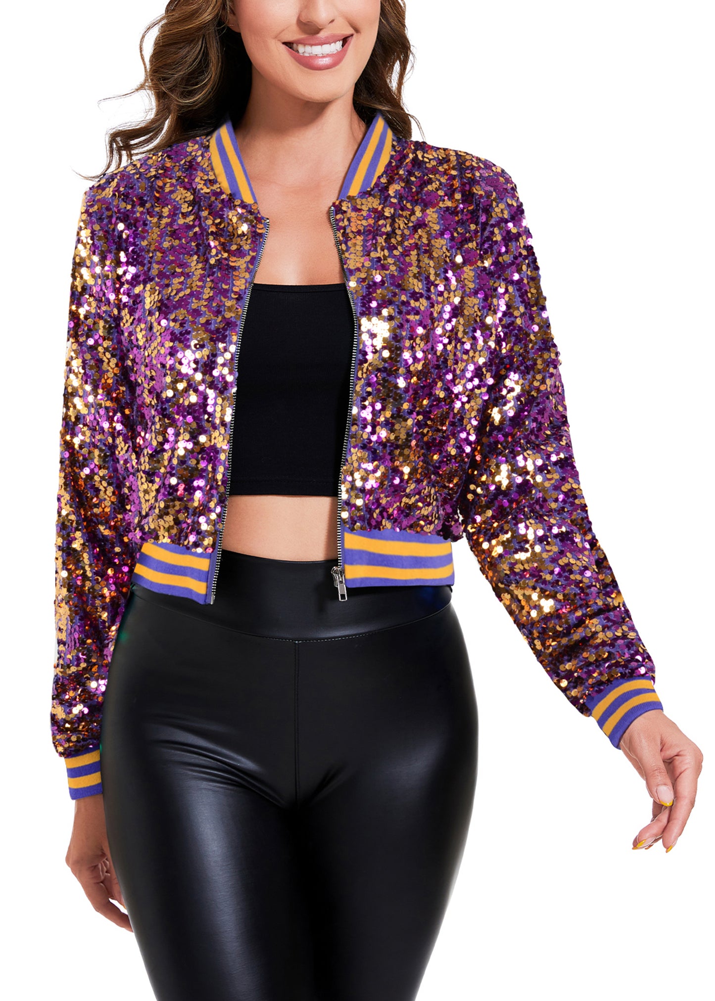 Anna-Kaci Women's Sparkly Sequin Cropped Jacket Long Sleeve Zipper Up Party Club Bomber Jacket