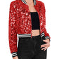 Anna-Kaci Women's Sparkly Sequin Cropped Jacket Long Sleeve Zipper Up Party Club Bomber Jacket